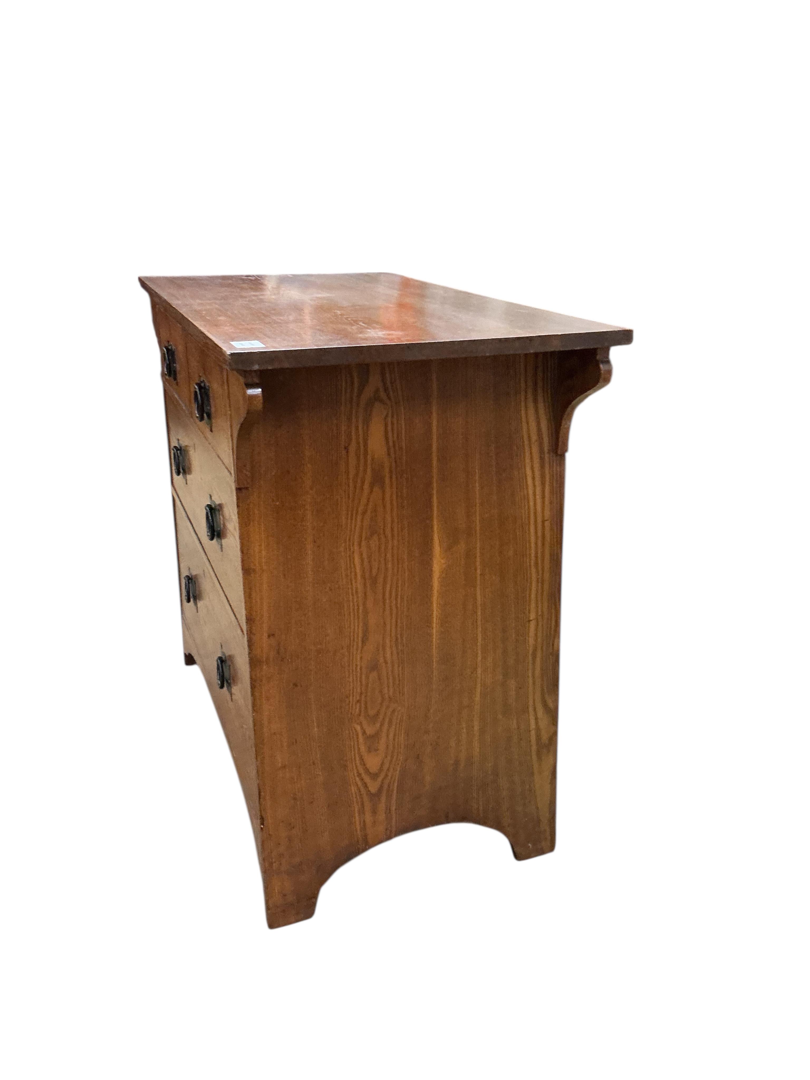A Liberty style Arts & Crafts oak chest of four drawers, width 91cm, depth 52cm, height 84cm
